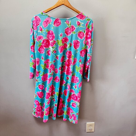 Simply Southern‎ Womens Floral Print Dress Medium Aqua & Pink Rose Pattern - Picture 8 of 8